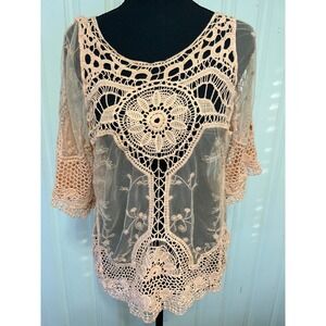 Metric Peach Lace Crochet Mesh Embroidered Top Sheer Romantic Boho Fairy Pastel